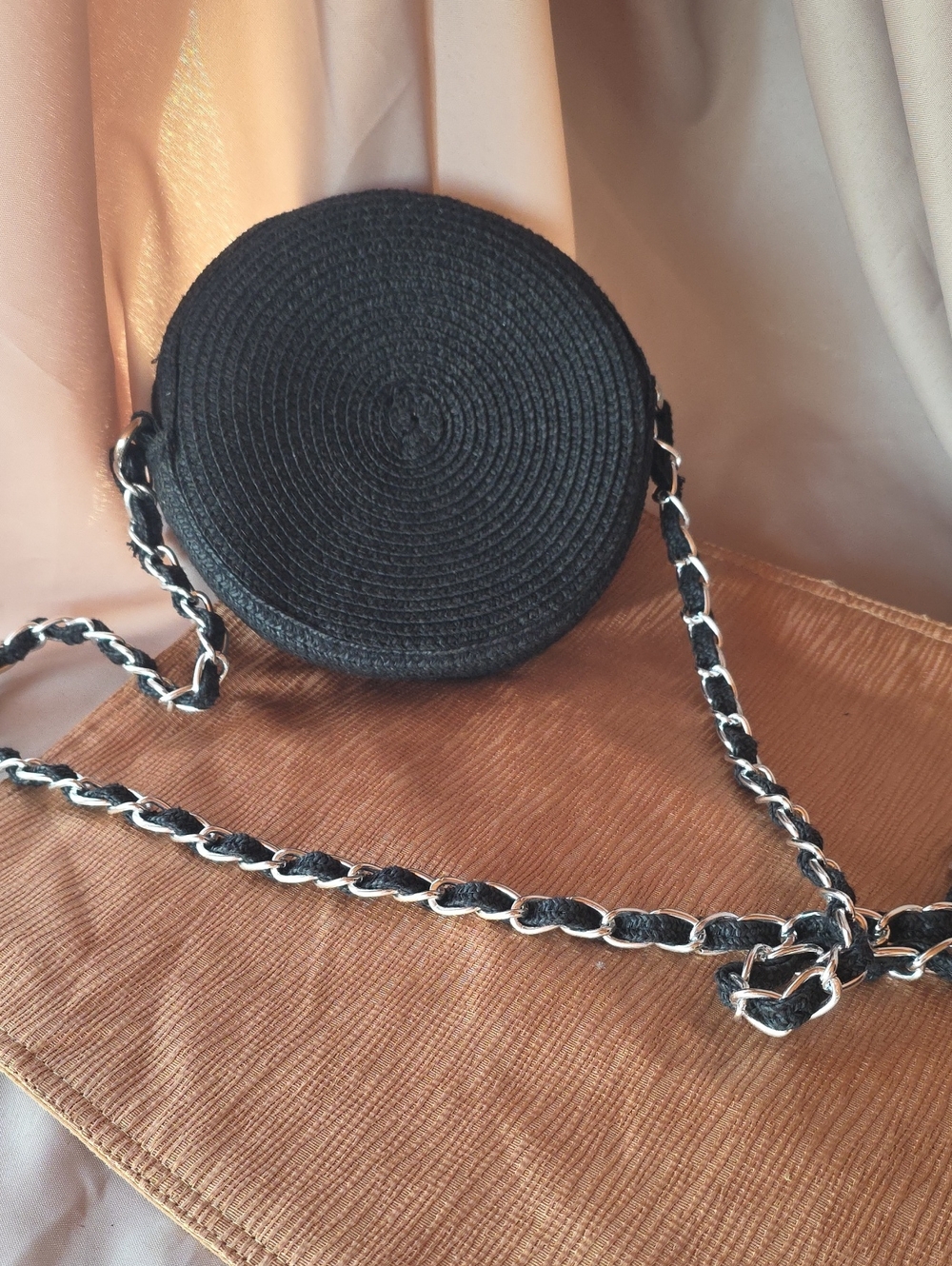 Round Black Woven Crossbody Bag - Elegant Chain Strap